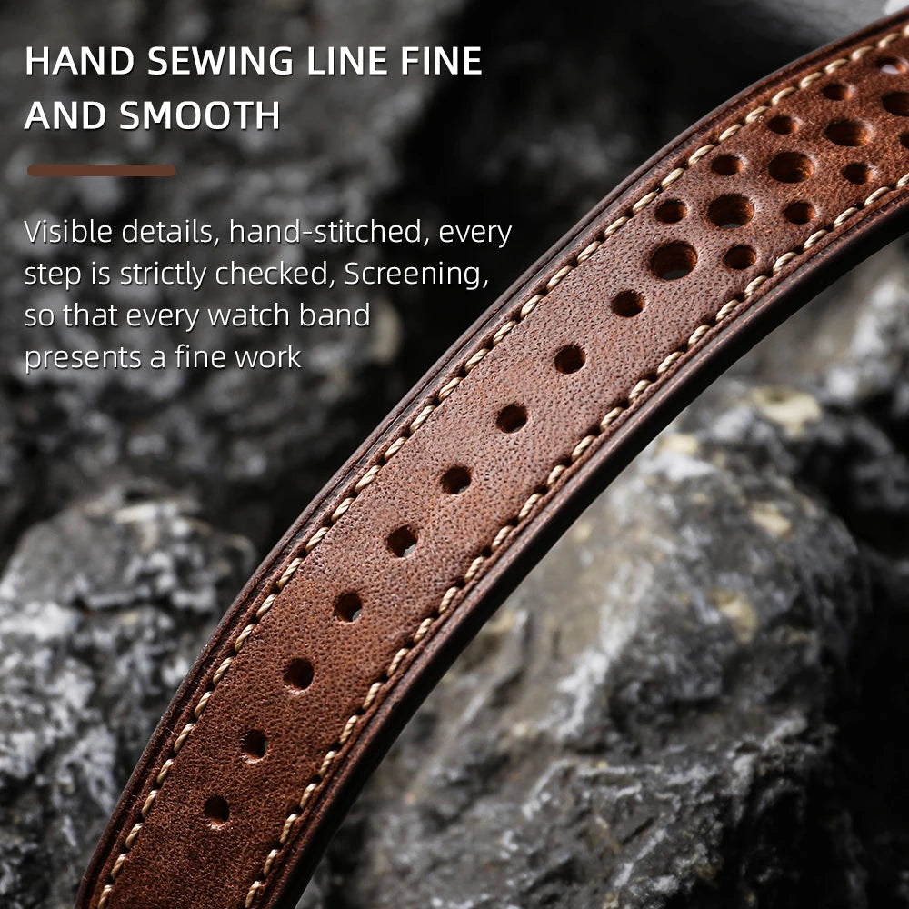 Men's Cowhide Leather Watch Strap, Handmade Top Layer, Italian Genuine Leather 18 19 20 21 22MM, Breathable Hole Design, Vintage