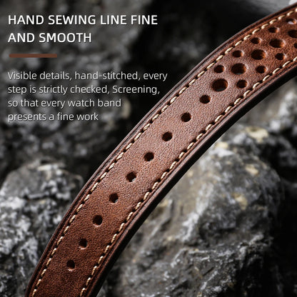 Men's Cowhide Leather Watch Strap, Handmade Top Layer, Italian Genuine Leather 18 19 20 21 22MM, Breathable Hole Design, Vintage