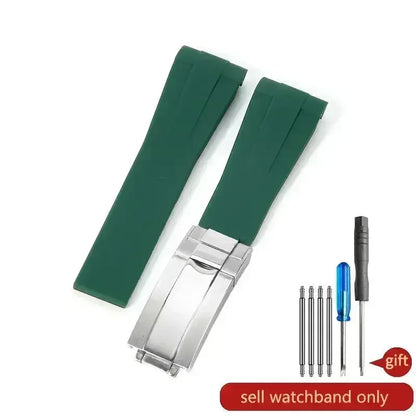 High-quality silicone watch strap in colorful styles (black, green, red, blue, white), with a curved interface for Rolex Datejust Submariner straps.