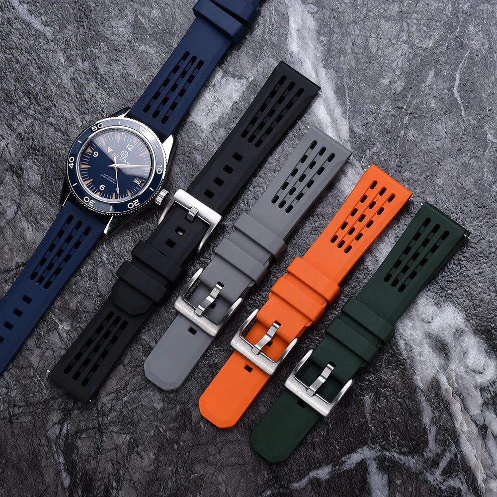 High Quality Quick Release FKM Fluoro Rubber Watch Strap 20mm 22mm New Design Porous Structure Ventilate FPM Rubber Watch Straps