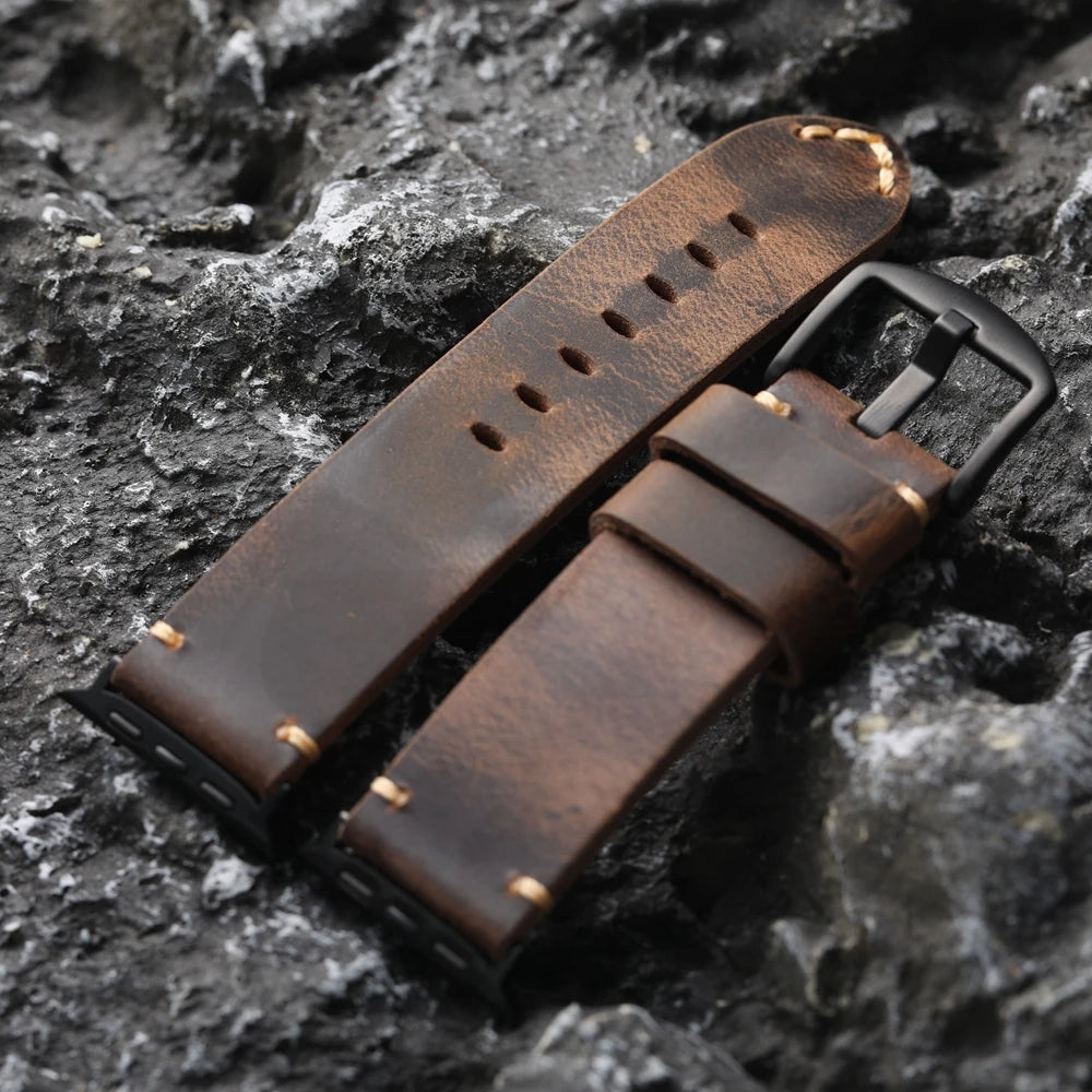 Bracciale in pelle bovina da uomo fatto a mano strato superiore, stile retrò per iWatch Apple Watch Ultra 2 49MM 45MM 44MM 42MM, cinturino spesso marrone