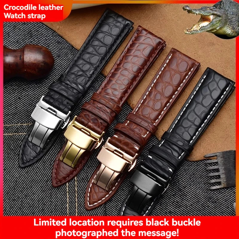 Bracelet en peau de crocodile véritable pour homme et femme, bracelet en alligator, fermoir papillon, Longines, Omega, Mido, Tissot, Rossini, 16mm, 18mm, 20mm, 22mm