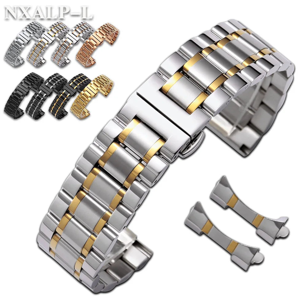 Curved End Stainless Steel Watch Bracelet Butterfly Clasp, Solid Metal Universal Watch Band 12/13/14/15/16/17/18/19/20/21/22/23/24mm