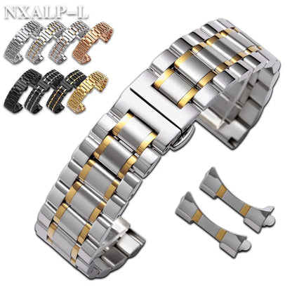 Curved End Stainless Steel Watch Bracelet Butterfly Clasp, Solid Metal Universal Watch Band 12/13/14/15/16/17/18/19/20/21/22/23/24mm