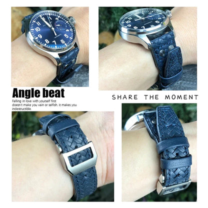 Cinturino per orologio in pelle di vacchetta intrecciata, 22mm 21mm, adatto per orologi IWC Big Pilot TOP GUN IW3777 IW5007, cinturino rivettato in morbida pelle blu