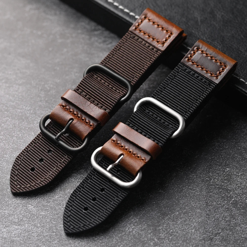 Cinturino per orologio da uomo in nylon doppio vintage, in vera pelle, durevole e indossabile, stile di lusso, 20mm, 22mm, 24mm