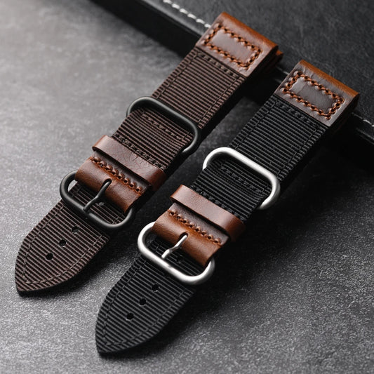 Correa de nailon doble vintage para hombre, correa de cuero auténtico, duradera y resistente, estilo de alta gama, 20 mm, 22 mm, 24 mm