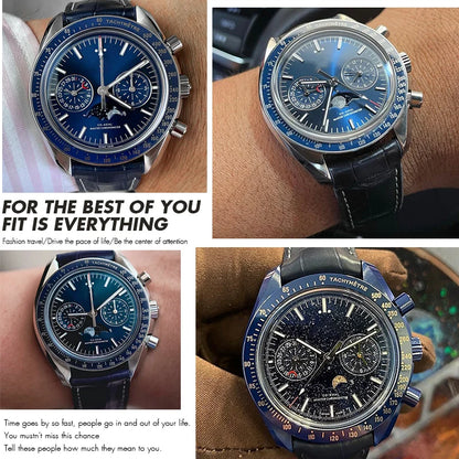 Bracelet de montre en cuir véritable à extrémité incurvée pour Omega Speedmaster Seam84AT150, déploiement struc19 mm 20mm 21mm, noir, bleu