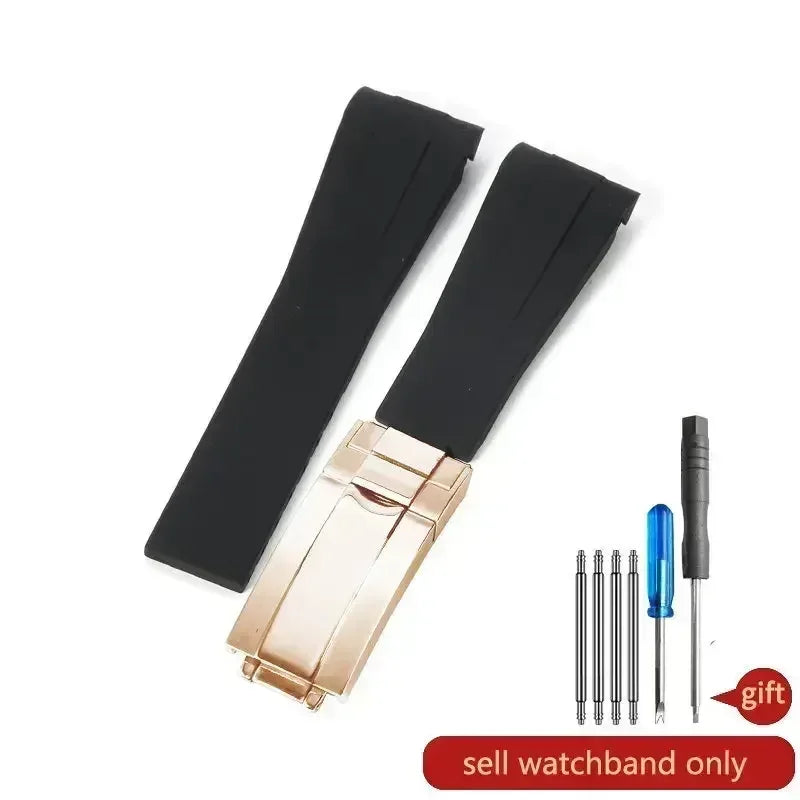 High-quality silicone watch strap in colorful styles (black, green, red, blue, white), with a curved interface for Rolex Datejust Submariner straps.