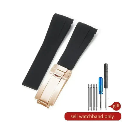 High-quality silicone watch strap in colorful styles (black, green, red, blue, white), with a curved interface for Rolex Datejust Submariner straps.