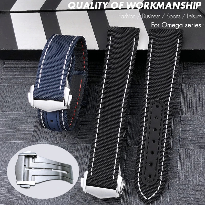 Optical-Nylon leather watch strap, for Omega Seamaster AT150 Speedmaster De Ville, high quality folding clasp, 19mm, 20mm
