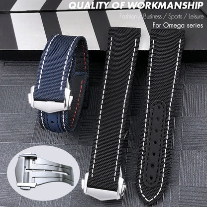 Optical-Nylon leather watch strap, for Omega Seamaster AT150 Speedmaster De Ville, high quality folding clasp, 19mm, 20mm