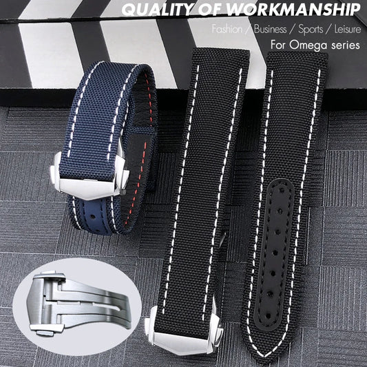 Оптика — Ремешок для часов из кожи и нейлона, для Omega Seamaster 150, Speedmaster, De Ville, высококачественная раскладывающаяся застежка, 19 мм, 20 мм