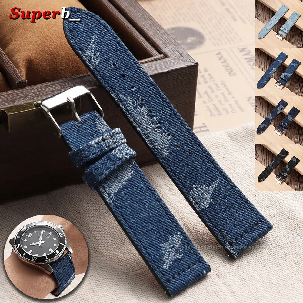 Bracelet de montre en nylon et toile de denim à dégagement rapide 20mm 22mm, bracelets universels en cuir pour Omega et Seiko avec fermoir métallique