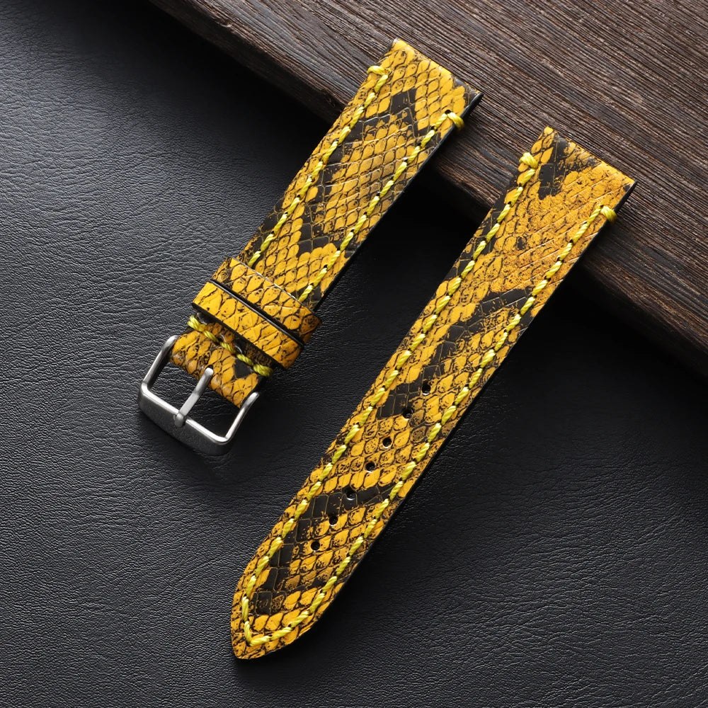 Bracelet en cuir véritable fait à la main pour hommes, pour Seiko, motif peau de serpent et de requin gaufré, bracelet de montre vintage en cuir de vache noir, 18mm, 20mm, 22mm