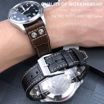 Bracelet de montre riveté en cuir véritable de vache, 20mm 21mm 22mm, pour IWC Big Pilot'S WATCHES marron, boucle pliante