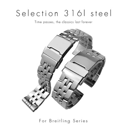 Bracelet de montre étanche en métal argenté, bracelet de montre solide, acier inoxydable, Breitling, Avenger, Heritage, Smile, Ocean, 20mm, 22mm, 24mm