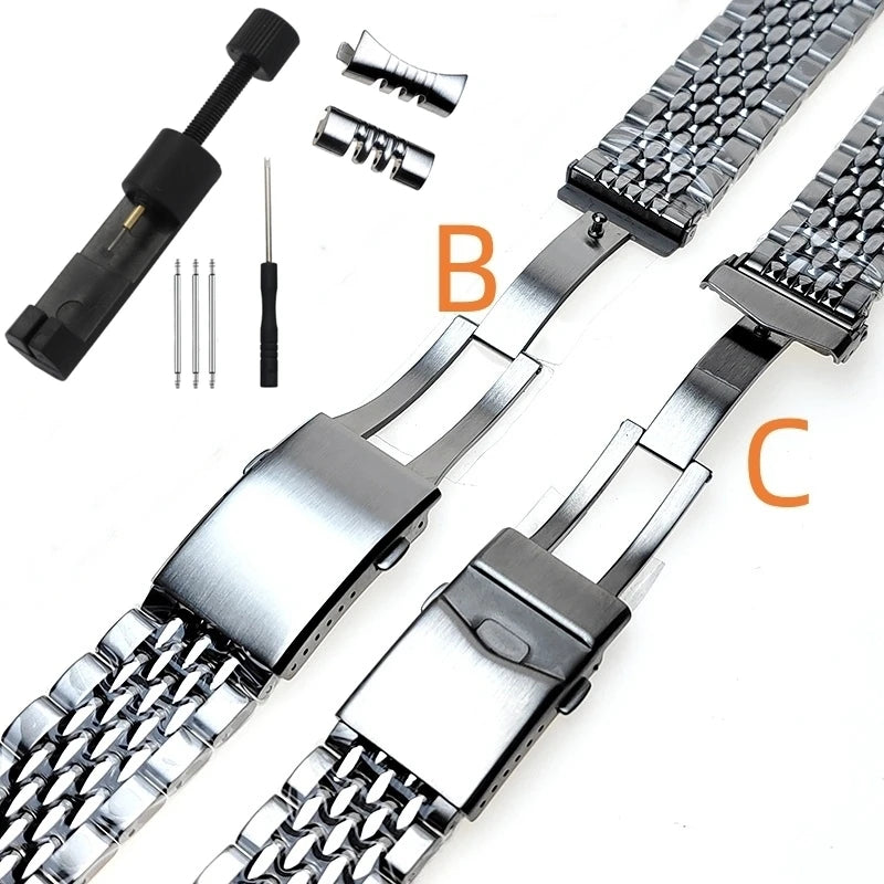 20 22 mm 316L ‌ Bracelet en acier inoxydable massif, perles plates incurvées réglables de riz, Bracelet de montre adapté au Bracelet universel Seiko SKX