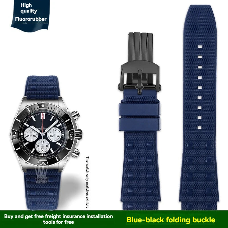 22mm 24mm FKM Viton Rubber Strap for Breitling Super Chronomat B01 44 Avenger, Waterproof Fluororubber Watch Band for Men