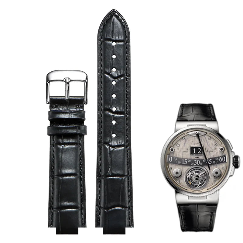 Convex leather watch strap for Ulysse Nardin MARINE 6300 263 6319, men's and women's strap, 24x12MM 26x12MM, blue strap accessory