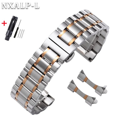 Curved End Stainless Steel Watch Bracelet Butterfly Clasp, Solid Metal Universal Watch Band 12/13/14/15/16/17/18/19/20/21/22/23/24mm