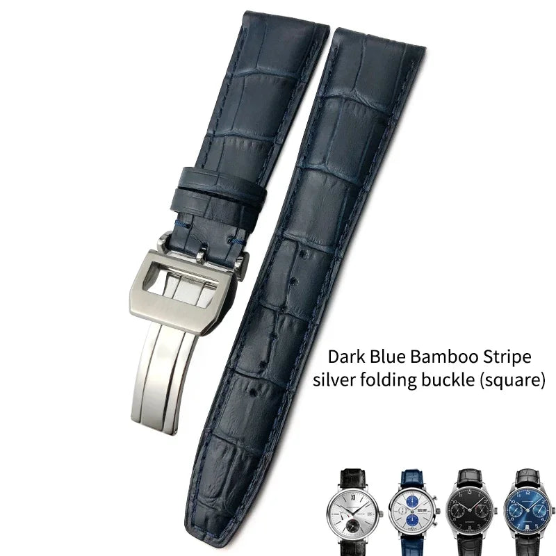 Bracelet de montre en cuir de veau véritable, grain d'alligator, compatible avec IWC Pilot Portuguese Serie, disponible en noir, marron et bleu