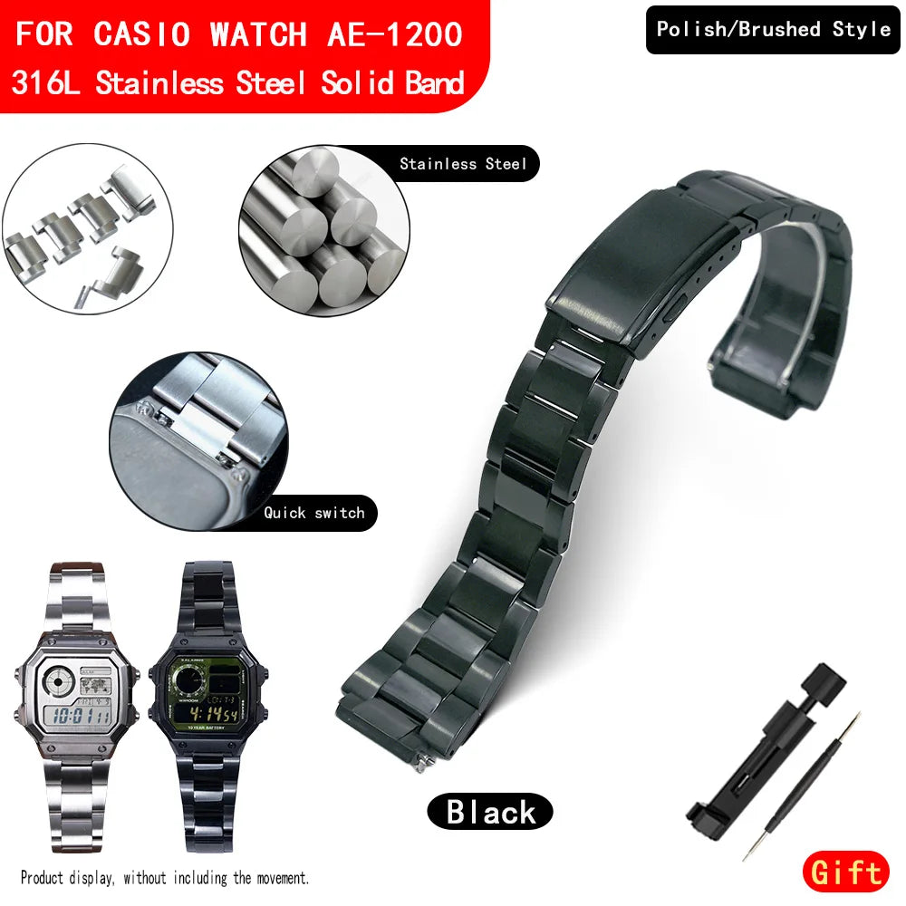 Bracelet de montre solide en acier inoxydable 316L, pour montre Casio AE1200WH, modèle Royale, poli et brossé, bracelet en métal AE1200