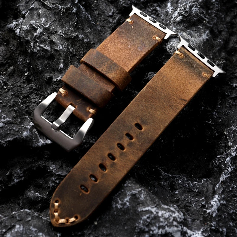 Cinturino per orologio da uomo in pelle bovina fatto a mano per Iwatch, nero e marrone, per Apple Watch 8/7 Ultra, spessore 45 49MM