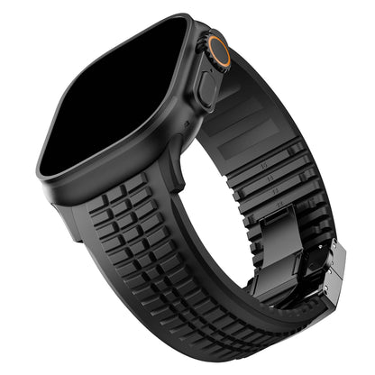 Silicone Sport Band for Apple Watch Ultra 2, 49mm 46mm 45mm 44mm, Luxury Metal Bracelet for iWatch Series 10 9 8 7 6 5 4 Se