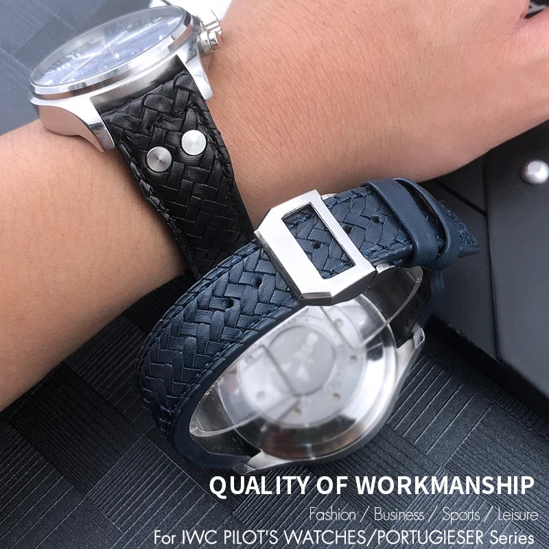 Bracelet de montre tissé en cuir de vachette RiSALE, bracelet de montre bleu, cuir véritable, haute qualité, adapté aux montres IWC Big Pilot's Spitfire, 21mm, 22mm