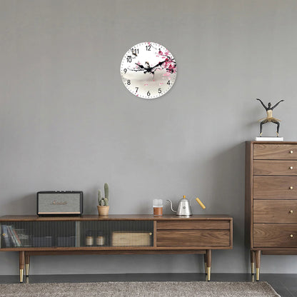 Art moderne Aquarelle Branches de fleurs de cerisier avec deux motifs d'oiseaux Horloge murale en bois Salon Chambre Cuisine Décoration de la maison Horloge murale Horloge à quartz silencieuse Cadeau de vacances 10 pouces 1