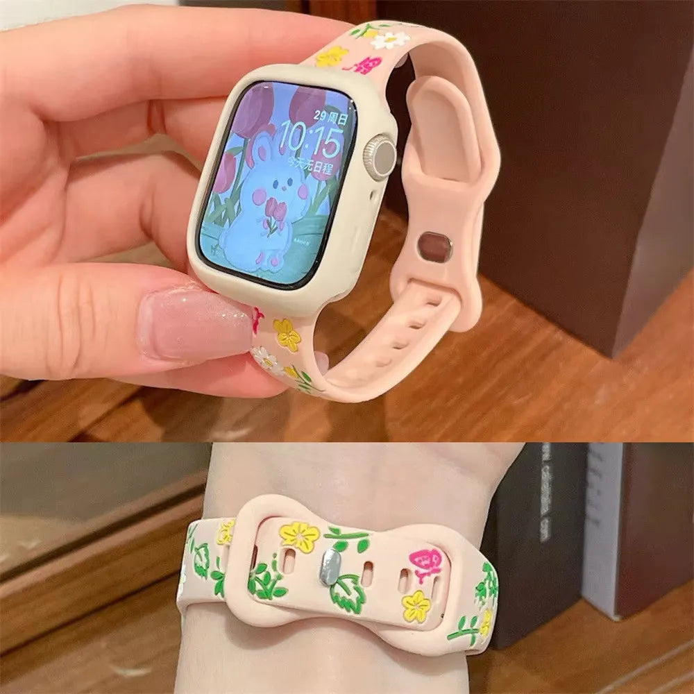 Cute Flower Silicone Strap Case for Apple Watch Ultra 49mm S10 S11 42mm 46mm 38 40 41 44 45 mm for iwatch SE 2 3 4 5 6 7 8 9