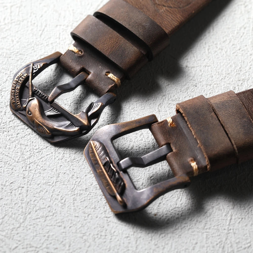 Handmade Bronze Buckle Strap, Compatible with Bronze Watch Accessories, 20MM 22MM 24MM 26MM Thick, Brown Leather Strap