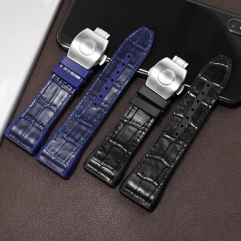 Bracelet de montre pliable en nylon et cuir véritable, bracelet de montre en silicone, noir, bleu, haute qualité, compatible avec Franck Muller, série V45, 28mm