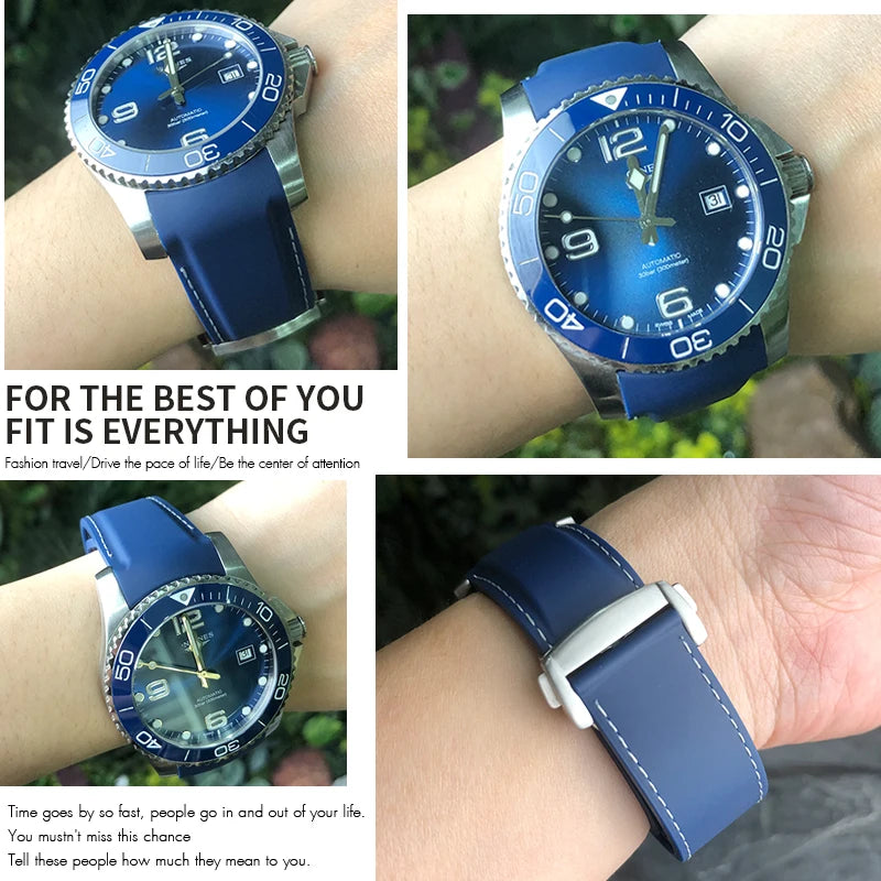 适用于浪琴表、精工SKX、欧米茄、劳力士的表带，橡胶硅胶材质，弧形接口，18mm、19mm、20mm、21mm、22mm可选