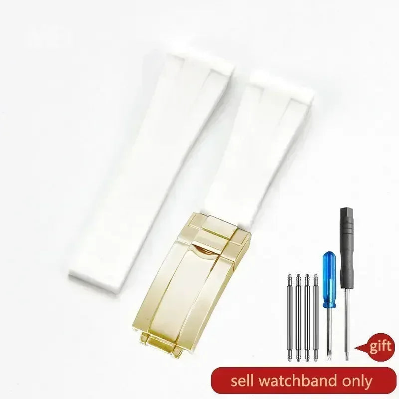 High-quality silicone watch strap in colorful styles (black, green, red, blue, white), with a curved interface for Rolex Datejust Submariner straps.