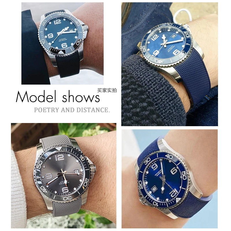 Bracelet de montre en caoutchouc et Silicone, 19mm 20mm 21mm, pour Longines Conquest HydroConquest L3.642 641 782 VHP, noir et bleu