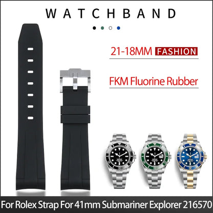 21mm extrémité incurvée doux plongée FKM fluor caoutchouc bracelet de montre accessoires pour bracelet Rolex pour 41mm Submariner Explorer 216570   Ceinture