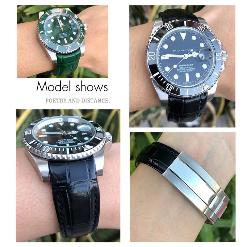Bracelet de montre en cuir véritable souple, extrémité incurvée, bracelet de montre noir, Rolex Submariner DayRequiGstuff Yacht-Master Datejust, 20mm