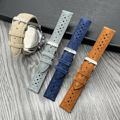 Bracelet de montre en cuir suédé perforé vintage 20mm 21mm 22mm - Sangle de remplacement rétro respirante à dégagement rapide