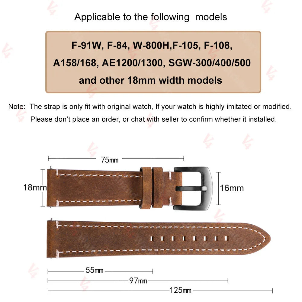 Cinturino per orologio in pelle bovina, 18 mm, per Casio Mod Kit F91W W-800H SGW400 F84 F105/108 A158/168 AE1200/1300, cinturino vintage