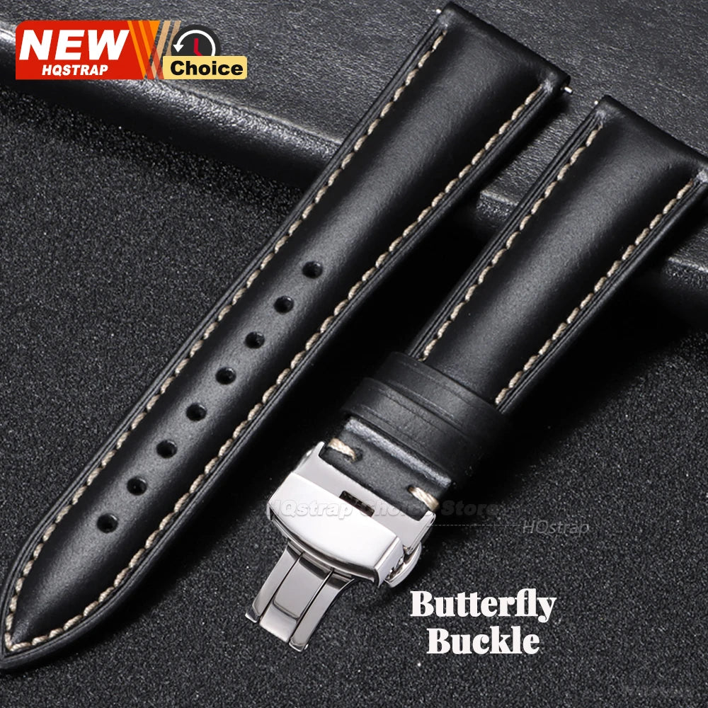 Bracelet de montre vintage en cuir huilé avec boucle papillon 18mm 19mm 20mm 21mm 22mm pour homme et femme, fermoir à ardillon