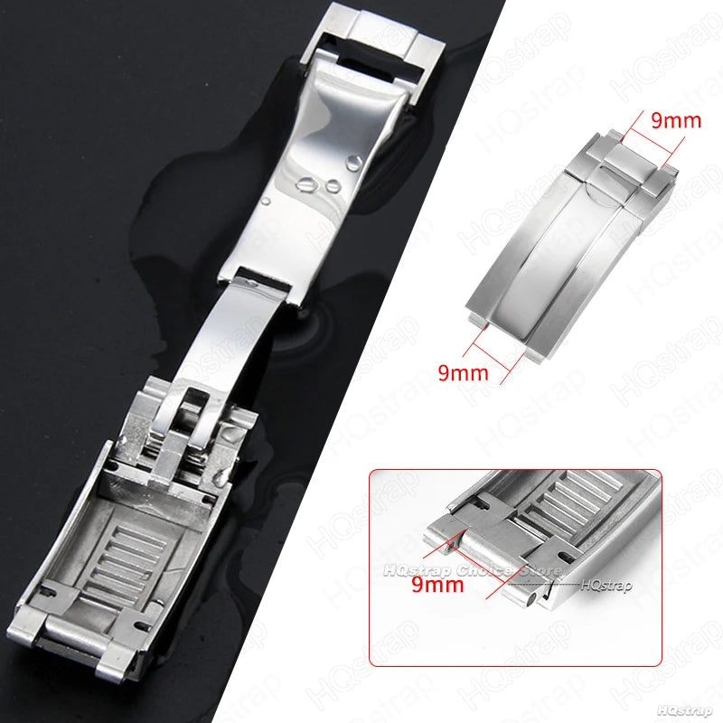 Rolex Rubber Watch Strap Clasp, Stainless Steel Buckle for DayRequiDouble Convex Fitted Foldable, Silver Button, 9mm