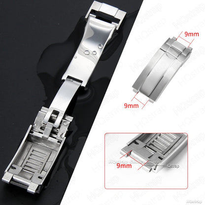 Rolex Rubber Watch Strap Clasp, Stainless Steel Buckle for DayRequiDouble Convex Fitted Foldable, Silver Button, 9mm