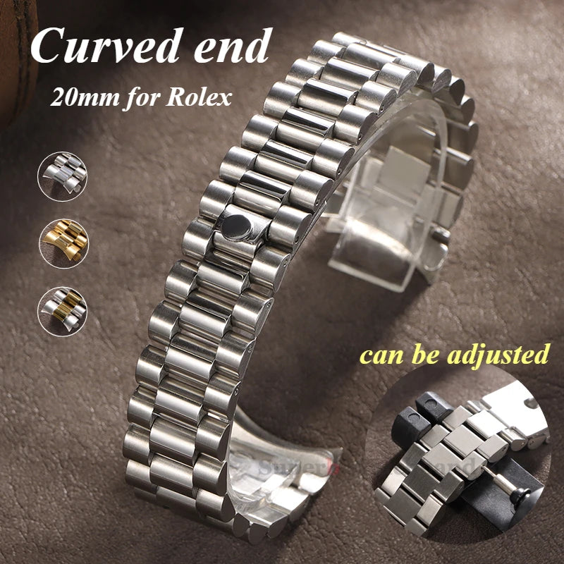 Bracelet en métal massif de 20mm pour bracelet en acier inoxydable à extrémité incurvée Rolex pour boucle présidentielle Oyster pour hommes argent or
