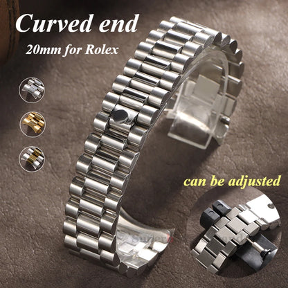 Bracelet en métal massif de 20mm pour bracelet en acier inoxydable à extrémité incurvée Rolex pour boucle présidentielle Oyster pour hommes argent or