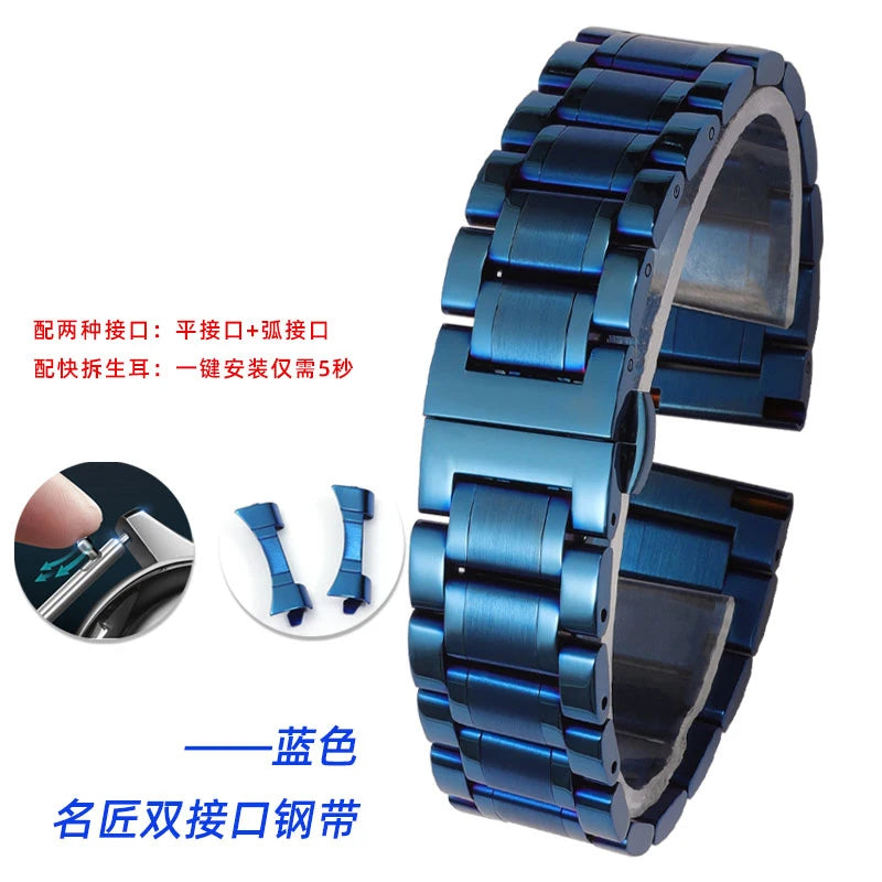 Men's and Women's Blue Stainless Steel Watch Band, Metal Strap Straight End Watchband Fashion Watch, 8mm, 10mm, 12mm, 16mm, 18mm, 20mm, 21mm, 22mm