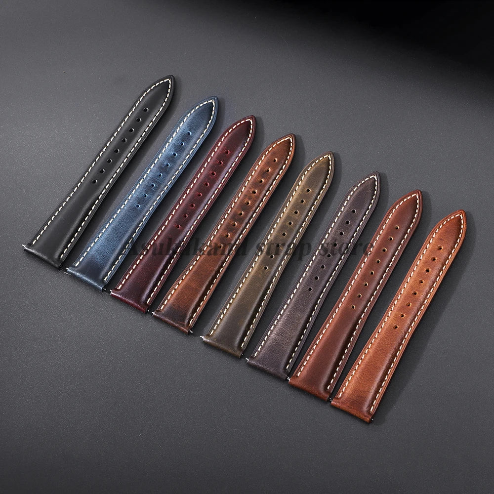 18mm 19mm 20mm 21mm 22mm Universal Vintage Oil Wax Leather Watch Straps Brown Top Coat Watch Strap Men's Accessories Tang Buckle
