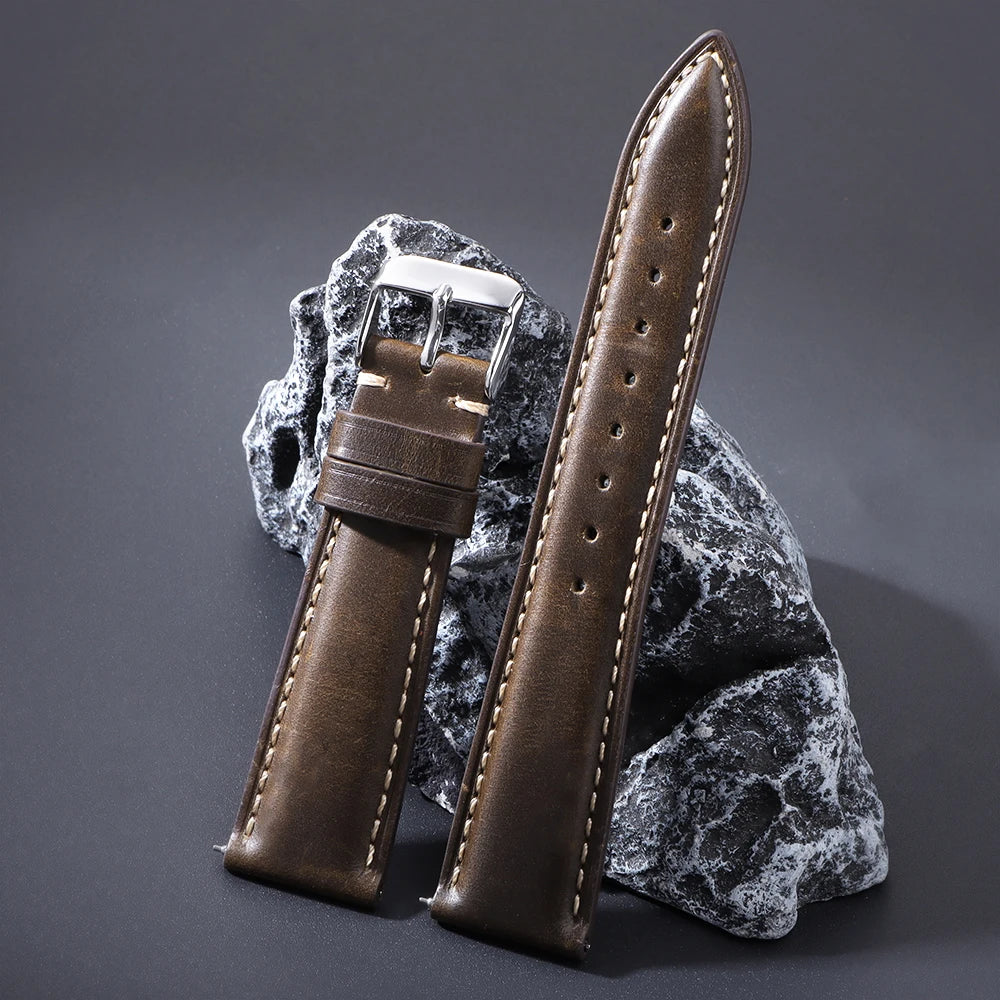 Bracelet de montre vintage en cuir huilé avec boucle papillon 18mm 19mm 20mm 21mm 22mm pour homme et femme, fermoir à ardillon
