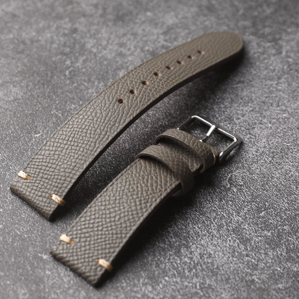 Handmade genuine leather strap, 18 19 20 22MM brown black grey, soft Italian genuine palm grain leather strap, vintage style